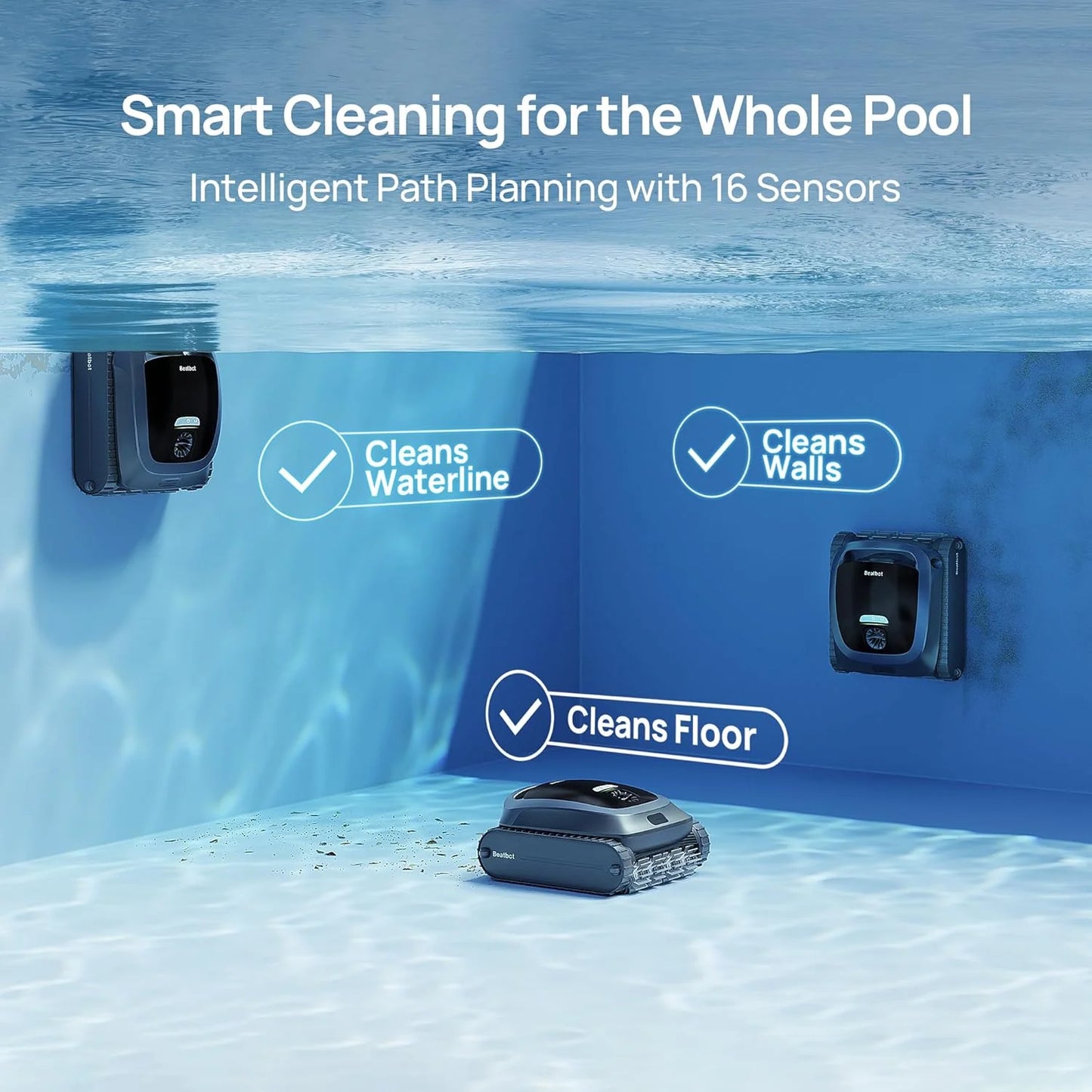 Cordless Robotic Pool Vacuum Cleaner, Smart Surface Parking, Double-Pass Waterline Scrubbing, Cleans Floor, Walls, and Waterline, Above & In-Ground Pools up to 3,230 sq.ft - Blue