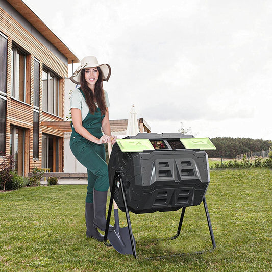 Large Compost Tumbler Bin Dual Compartment Better AirCirculation Efficient Compost BPA Free Sturdy Steel Frame 43Gallon (2 21.5Gal) Blue Door