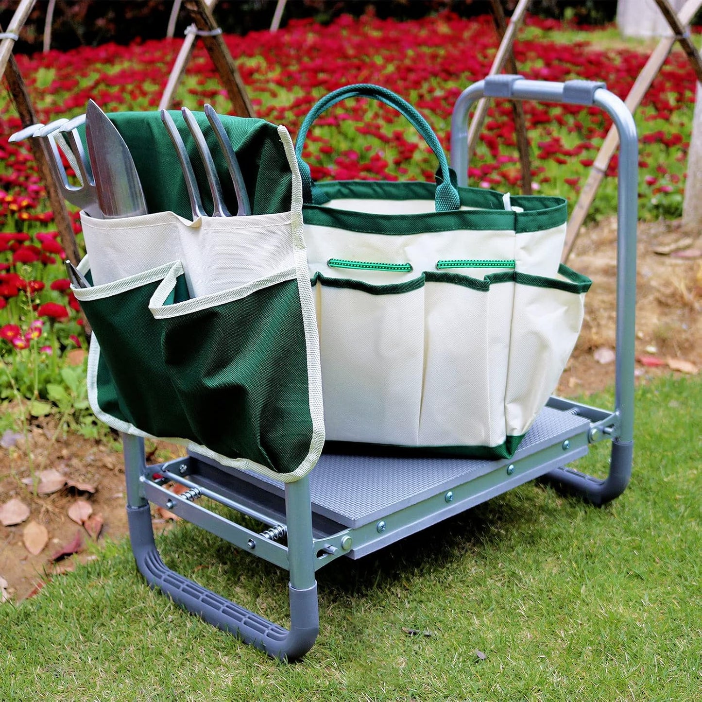 Garden Cart Outdoor Rolling Garden Workseat with Wheels, Heavy Duty Garden Tool Cart with Extendable Handle and Storage for Seniors Yard Gardening Work
