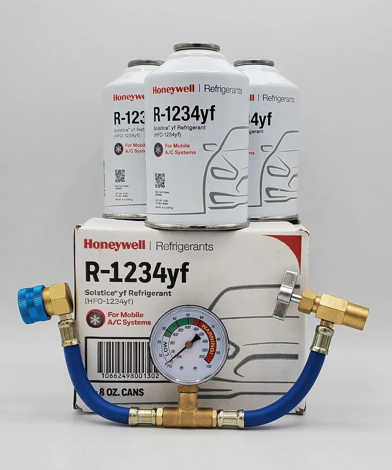 Genuine 8oz R1234YF Refrigerant (3 Freon Cans) & HD Brass Can Tap with Gauge.