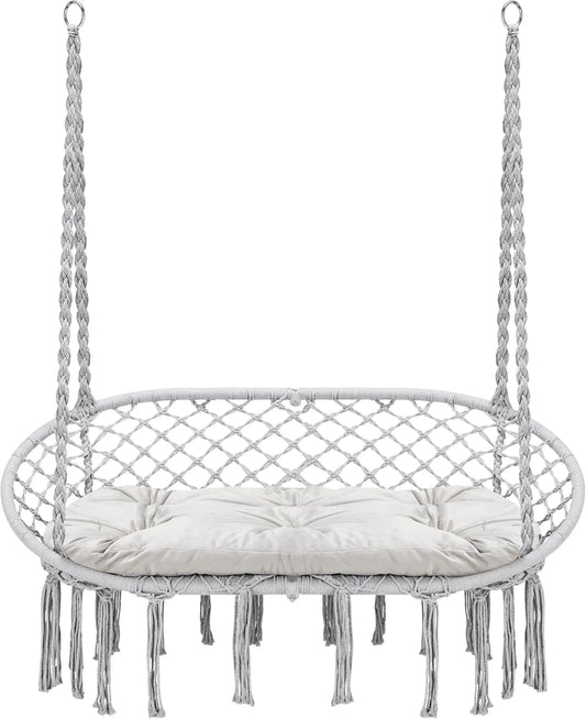 Hammock Chair Macrame Hanging Swing with Cushion,Hanging Cotton Ropes, Metal Frame, 450 lbs Capacity Indoor Outdoor, Patio, Balcony, Living,Deck, Yard, Garden(Double Swing) Beige