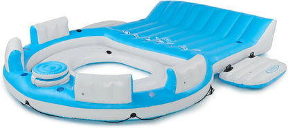 145 x 125 x 20 Inch Inflatable Lake and Pool Relaxation Island Lounger Seat for up to 7 Adults, Blue and White.