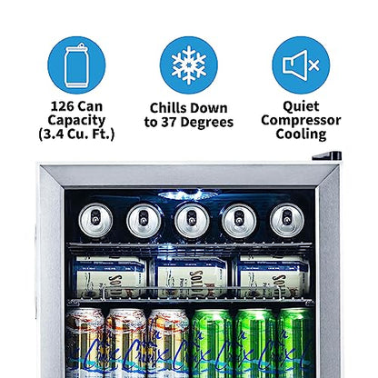 Beverage Refrigerator Cooler | 126 Cans Free Standing with Right Hinge Glass Door