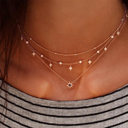 Women's Layered Star Pendant Necklace Electroplated Alloy Wave Chain Necklace