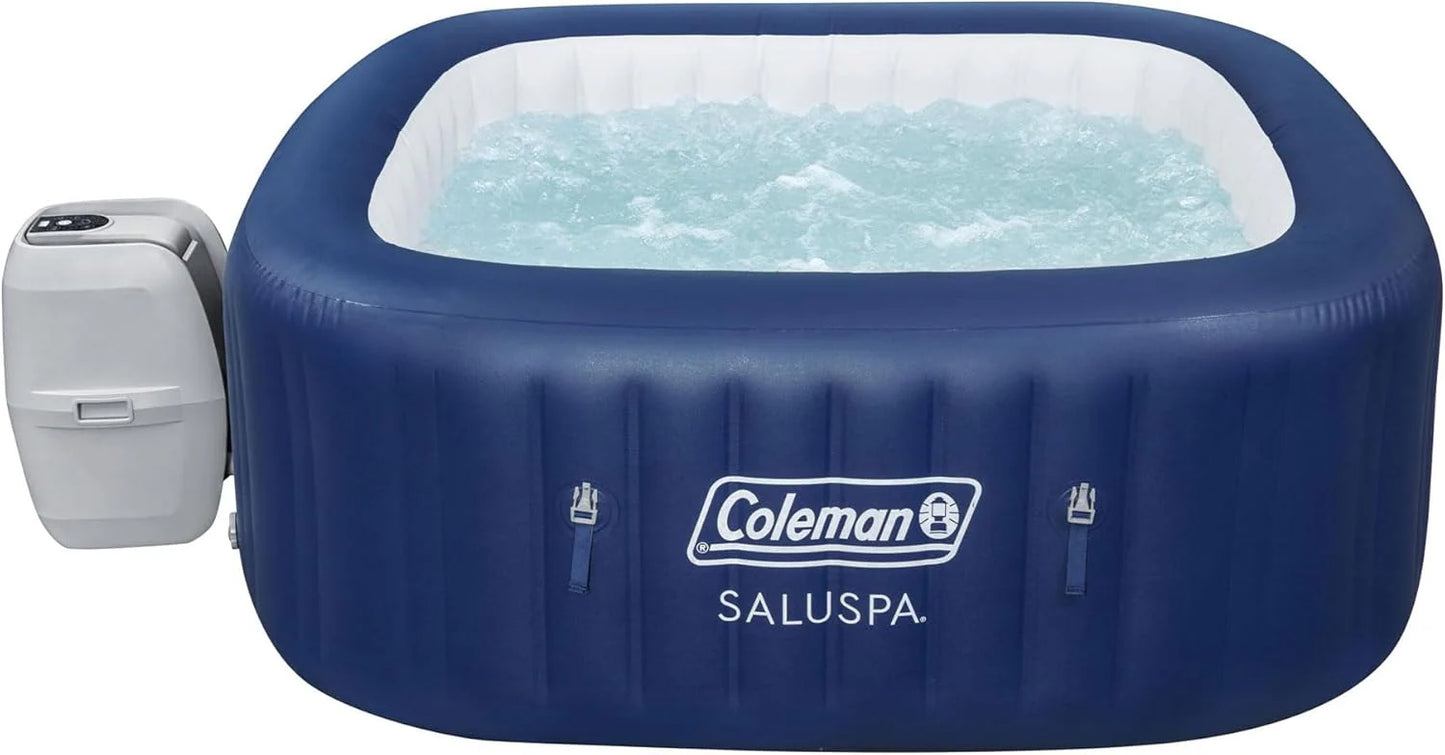 4 to 6 Person Inflatable Hot Tub Square Portable Outdoor Spa with 114 Soothing AirJets and Insulated Cover.