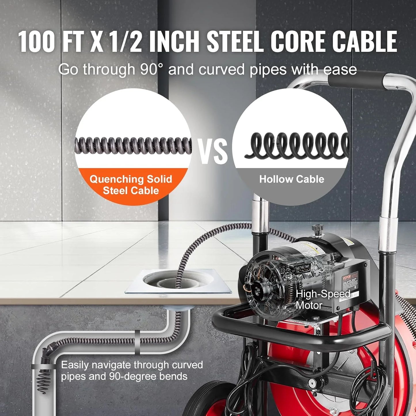 Drain Cleaner Machine 100FT x 1/2 Inch, Auto Feed Sewer Snake Auger on Wheels, 550W Portable Drain Cleaning Machine with 8 Cutters & Air-activated Foot Switch for 2" to 4" Pipes