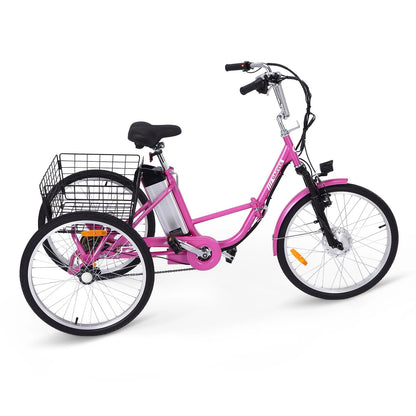 Electric Tricycle for Adults, 7 Speeds Folding Electric Trike, 24 Inch 3 Wheel Motorized Bicycle w/ 36V 10Ah Removable Battery, E Trikes with Large Basket, 330 Loading Capacity, 250W Motor, Pink