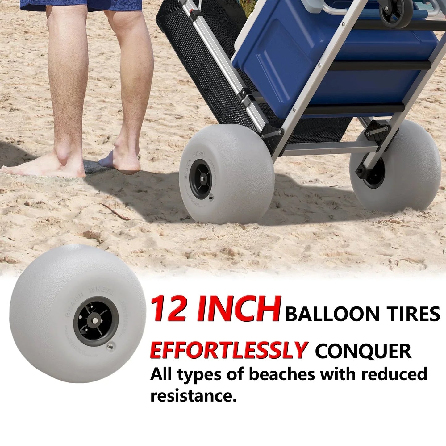 Foldable Beach Cart with Adjustable Handle and 12" Balloon Wheels, Heavy Duty Aluminum 220LBS Capacity