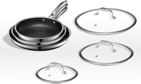 Hybrid Nonstick 6-Piece Fry Pan Set, 8, 10, and 12-Inch Frying Pans with Tempered Glass Lids, Stay-Cool Handles, Dishwasher-Friendly, Induction-Ready, Compatible with All Cooktops
