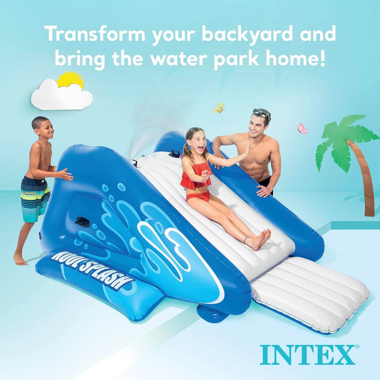 Inflatable Water Slide Swimming Pool Play Center with Built in Sprayers for Kids and Adults, Ages 6 and Up, Blue