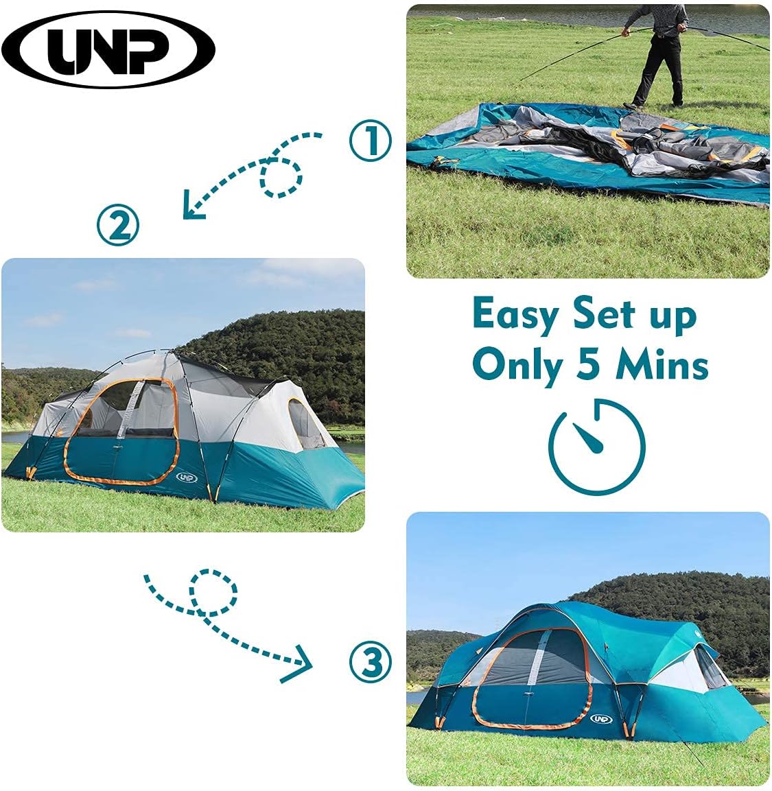 Camping Tent 10-Person-Family Tents, Parties, Music Festival Tent, Big, Easy Up, 5 Large Mesh Windows, Double Layer, 2 Room, Waterproof, Weather Resistant, 18ft x 9ft x78in