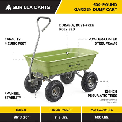 Heavy Duty Poly Utility Dump Wagon Garden Cart w/Pneumatic Tires, 6 Cu Ft - 1200 lb Capacity Outdoor Wheelbarrow for Yard, Landscaping & Gardening, Lawn Tractor or ATV Towable-Gorilla Carts
