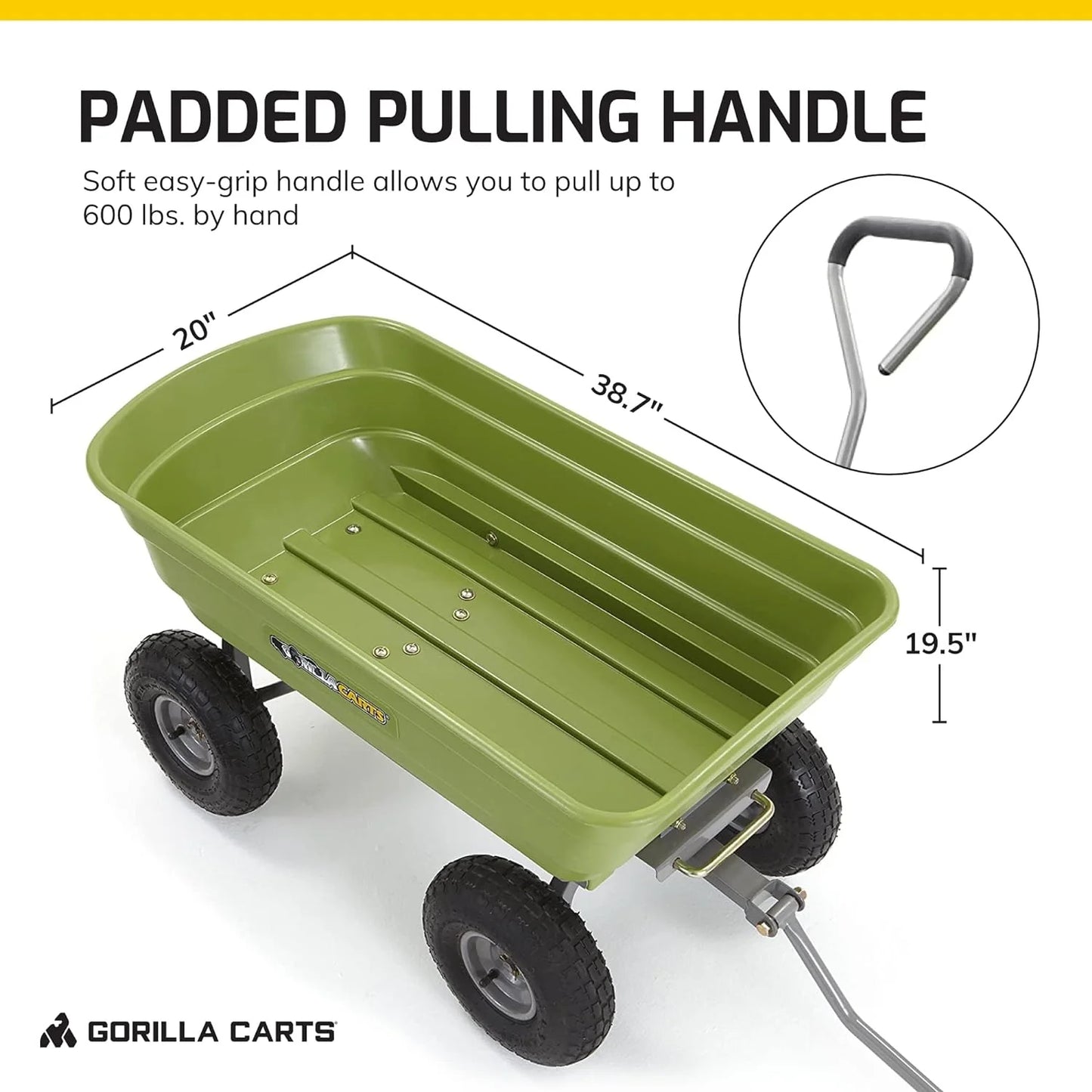 Heavy Duty Poly Utility Dump Wagon Garden Cart w/Pneumatic Tires, 6 Cu Ft - 1200 lb Capacity Outdoor Wheelbarrow for Yard, Landscaping & Gardening, Lawn Tractor or ATV Towable-Gorilla Carts