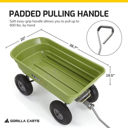 Heavy Duty Poly Utility Dump Wagon Garden Cart w/Pneumatic Tires, 6 Cu Ft - 1200 lb Capacity Outdoor Wheelbarrow for Yard, Landscaping & Gardening, Lawn Tractor or ATV Towable-Gorilla Carts