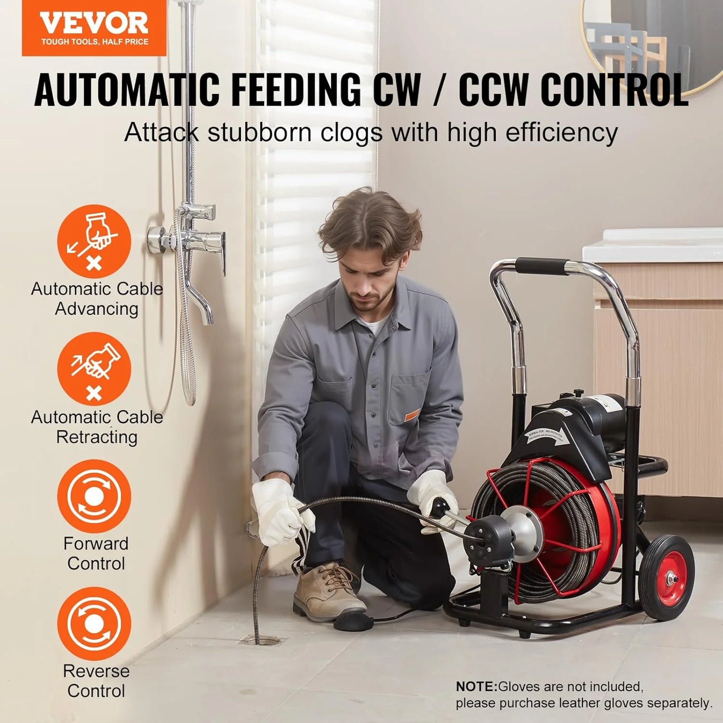 Drain Cleaner Machine 100FT x 1/2 Inch, Auto Feed Sewer Snake Auger on Wheels, 550W Portable Drain Cleaning Machine with 8 Cutters & Air-activated Foot Switch for 2" to 4" Pipes