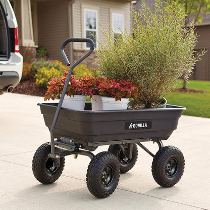 Heavy Duty Poly Utility Dump Wagon Garden Cart w/Pneumatic Tires, 6 Cu Ft - 1200 lb Capacity Outdoor Wheelbarrow for Yard, Landscaping & Gardening, Lawn Tractor or ATV Towable-Gorilla Carts