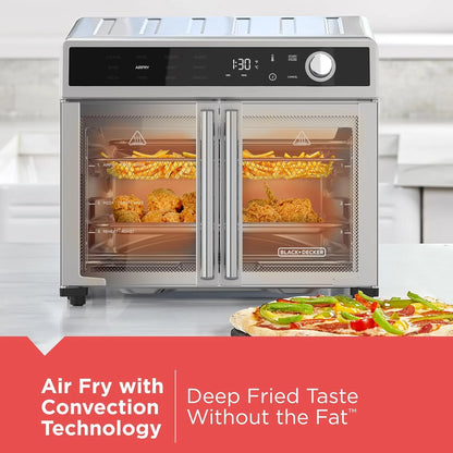 Air Fryer Toaster Oven Combo, 12 in 1 Countertop Convection Oven Cooks Food Fast, Fits a Whole Pizza or 6 Toast Slices, French Doors with Stainless Steel Finish.