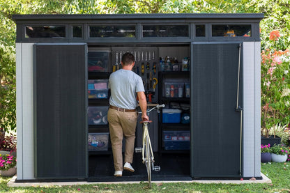 11x7 Modern Resin Outdoor Storage Shed Kit-Perfect to Store Patio Furniture, Garden Tools Bike Accessories, Beach Chairs and Lawn Mower