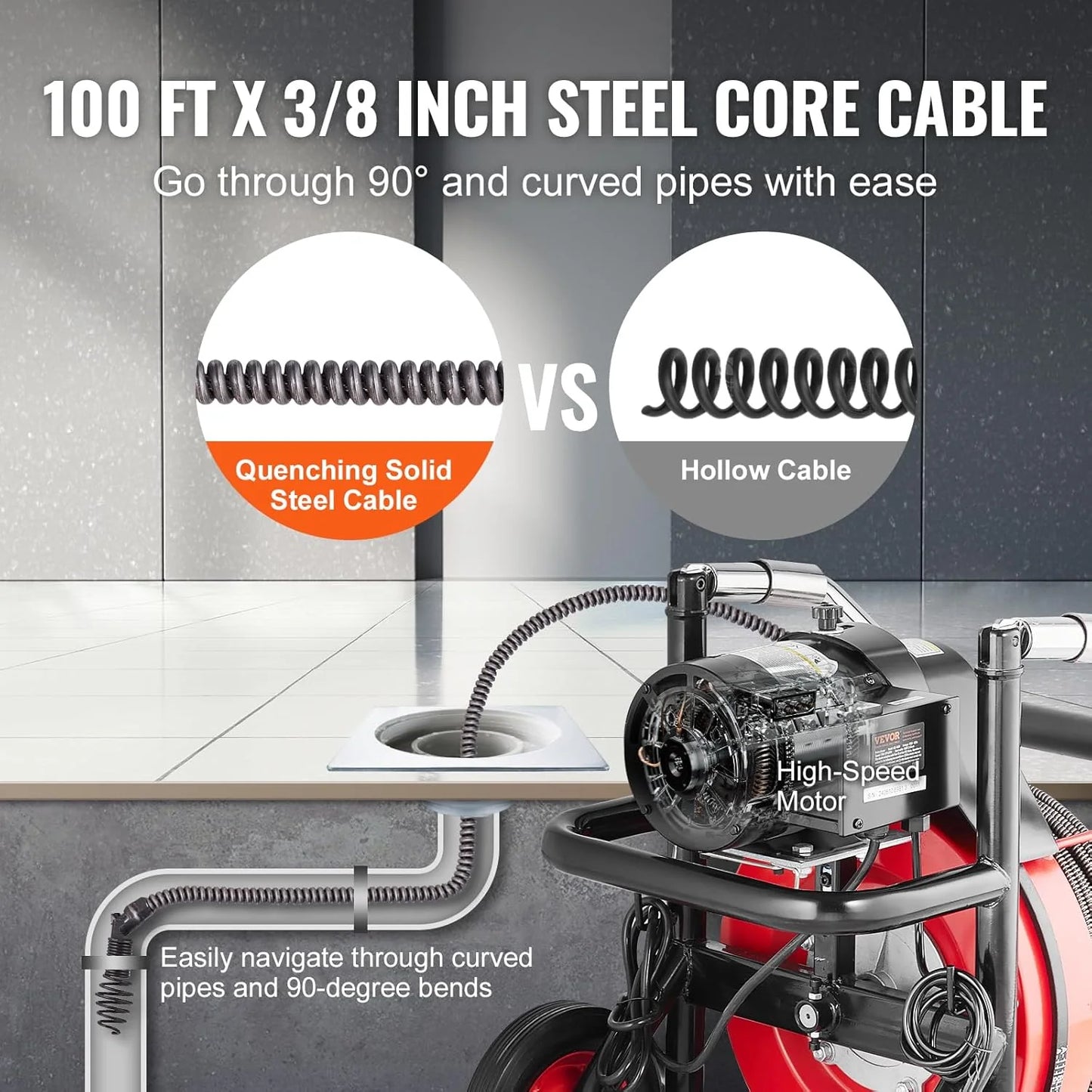 Drain Cleaner Machine 100FT x 1/2 Inch, Auto Feed Sewer Snake Auger on Wheels, 550W Portable Drain Cleaning Machine with 8 Cutters & Air-activated Foot Switch for 2" to 4" Pipes