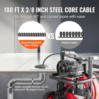Drain Cleaner Machine 100FT x 1/2 Inch, Auto Feed Sewer Snake Auger on Wheels, 550W Portable Drain Cleaning Machine with 8 Cutters & Air-activated Foot Switch for 2" to 4" Pipes