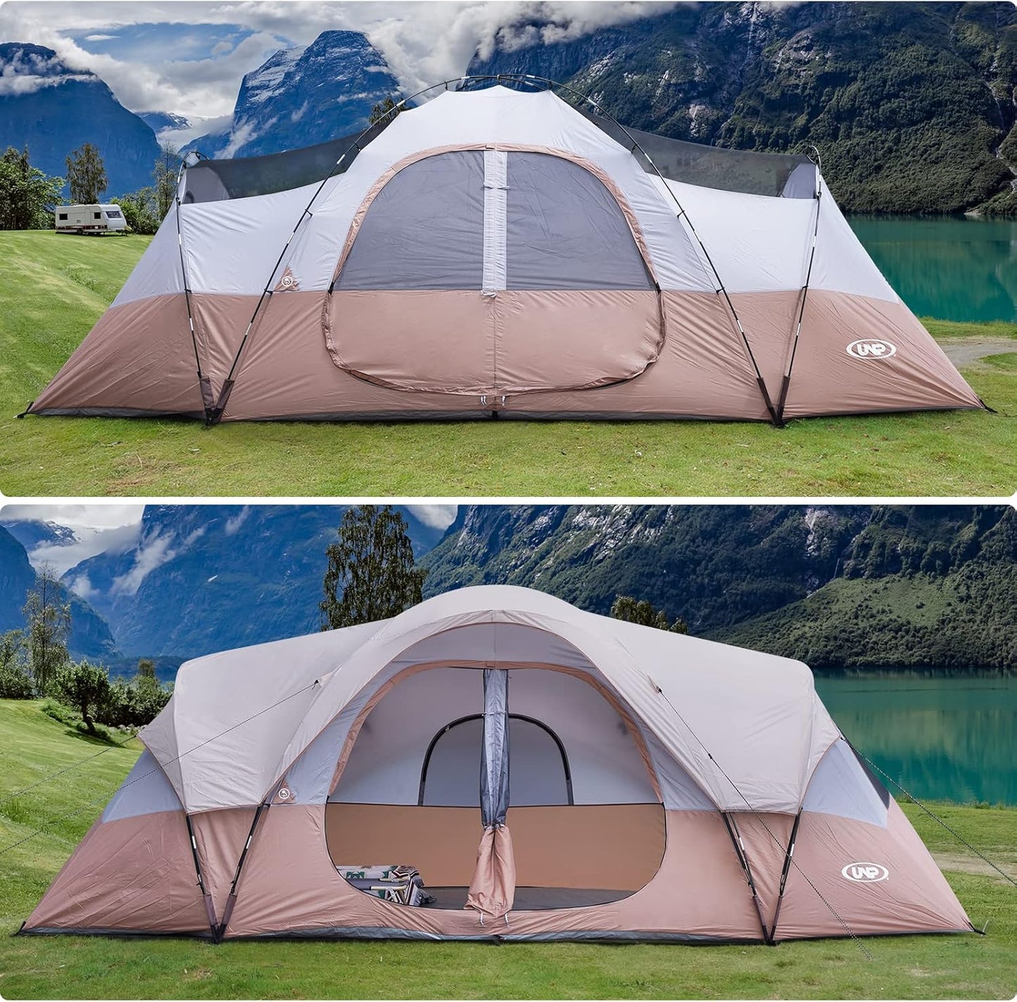 Camping Tent 10-Person-Family Tents, Parties, Music Festival Tent, Big, Easy Up, 5 Large Mesh Windows, Double Layer, 2 Room, Waterproof, Weather Resistant, 18ft x 9ft x78in