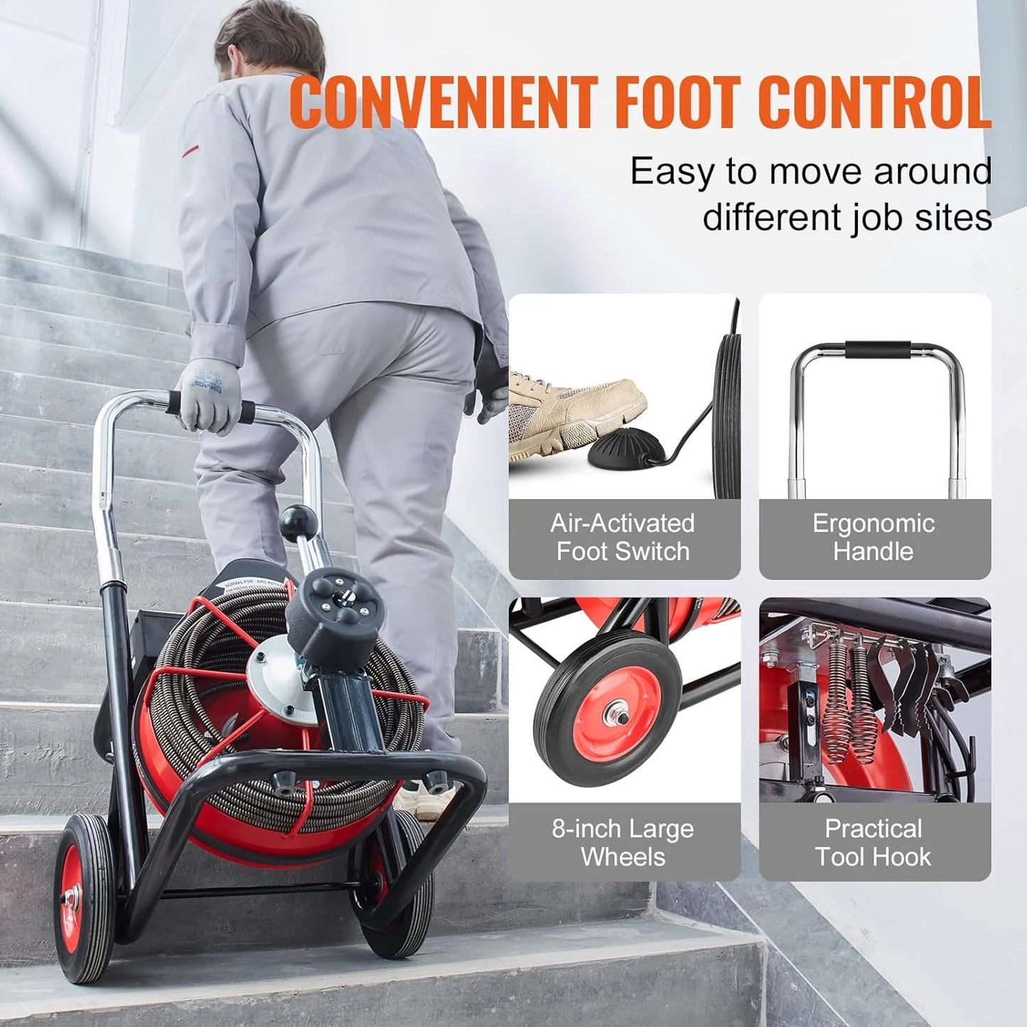 Drain Cleaner Machine 100FT x 1/2 Inch, Auto Feed Sewer Snake Auger on Wheels, 550W Portable Drain Cleaning Machine with 8 Cutters & Air-activated Foot Switch for 2" to 4" Pipes