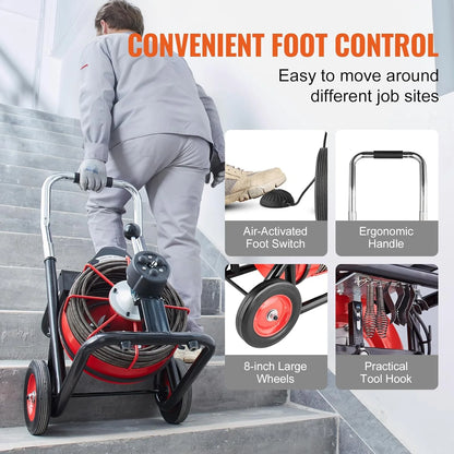 Drain Cleaner Machine 100FT x 1/2 Inch, Auto Feed Sewer Snake Auger on Wheels, 550W Portable Drain Cleaning Machine with 8 Cutters & Air-activated Foot Switch for 2" to 4" Pipes