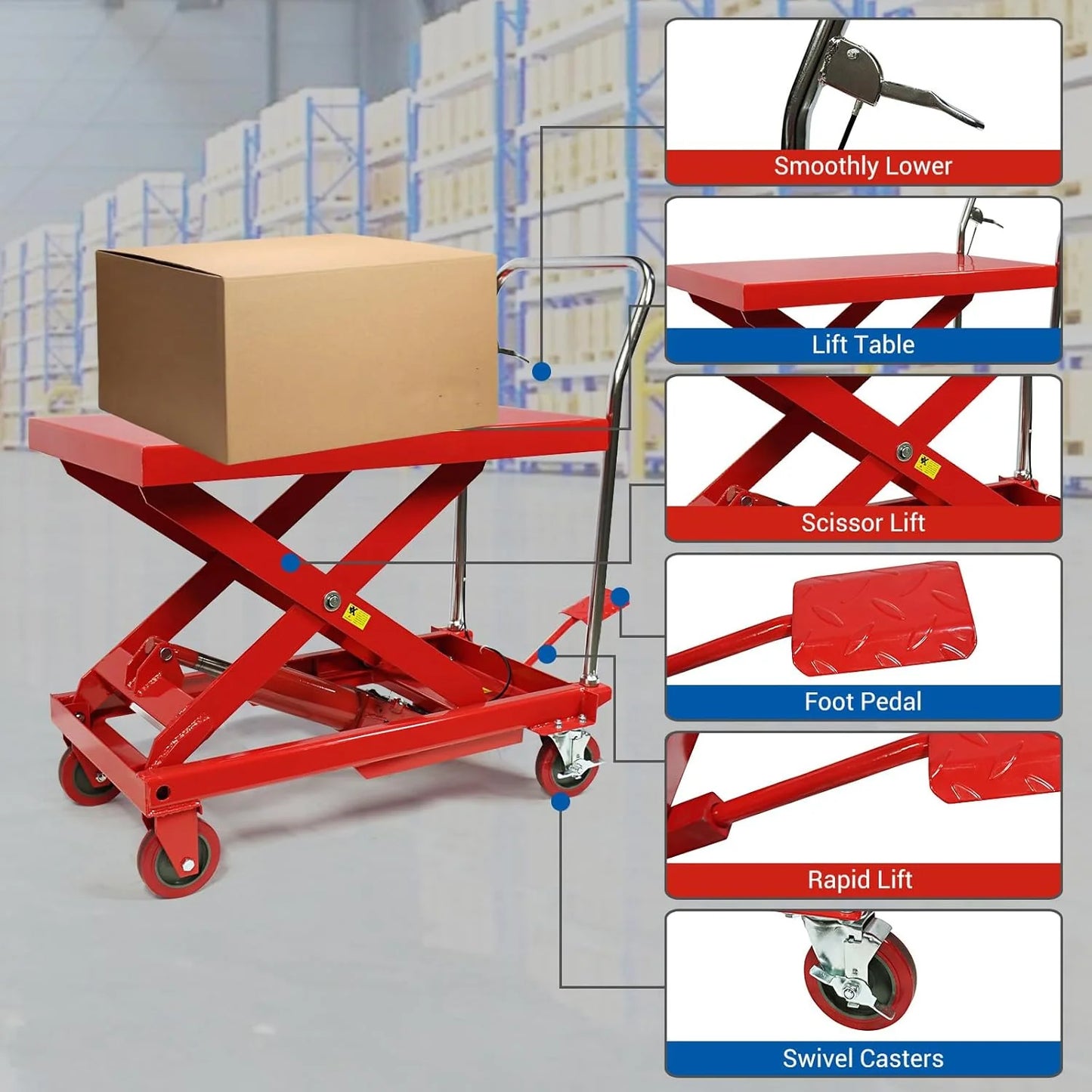 660LBS Hydraulic Lift Table Cart – 31" Lift Height, Double Scissor Design with 4 Wheels & Non-Slip Pad for Material Handling
