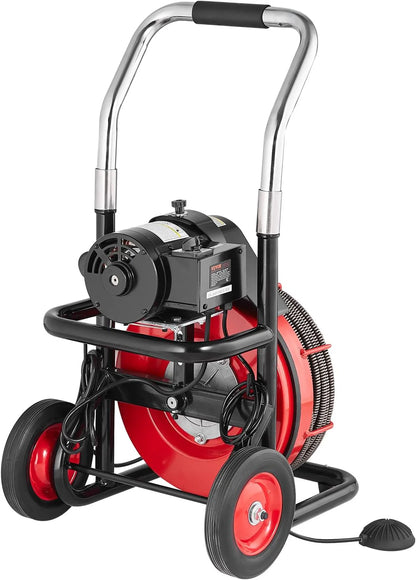 Drain Cleaner Machine 100FT x 1/2 Inch, Auto Feed Sewer Snake Auger on Wheels, 550W Portable Drain Cleaning Machine with 8 Cutters & Air-activated Foot Switch for 2" to 4" Pipes