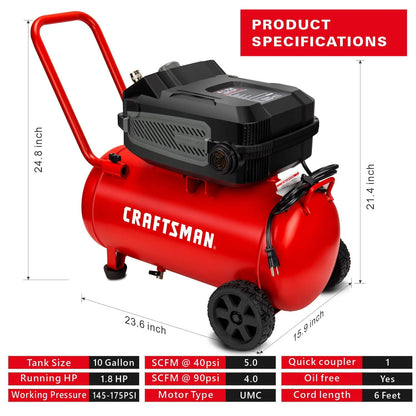 HARD Air Compressor, 10 Gallon 1.8 HP 175 PSI, 4.0CFM@90PSI, Oil Free and Maintenance Free, Portable with Large Wheels, CMXECXA0201041