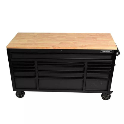 Heavy Duty 61 in. W x 23 in. D 15-Drawer Mobile Workbench with Solid Wood Top