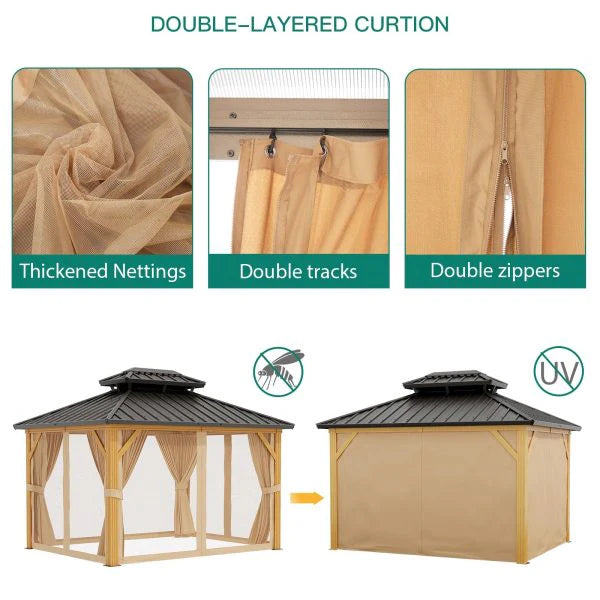 10X13 FT Outdoor Galvanised Steel Hardtop Gazebo, Heavy Duty Double Roof Outdoor Gazebo with Netting and Sunshade Curtains, Aluminium Framed Gazebo for Patio, Terrace, Lawn and Deck, Khaki