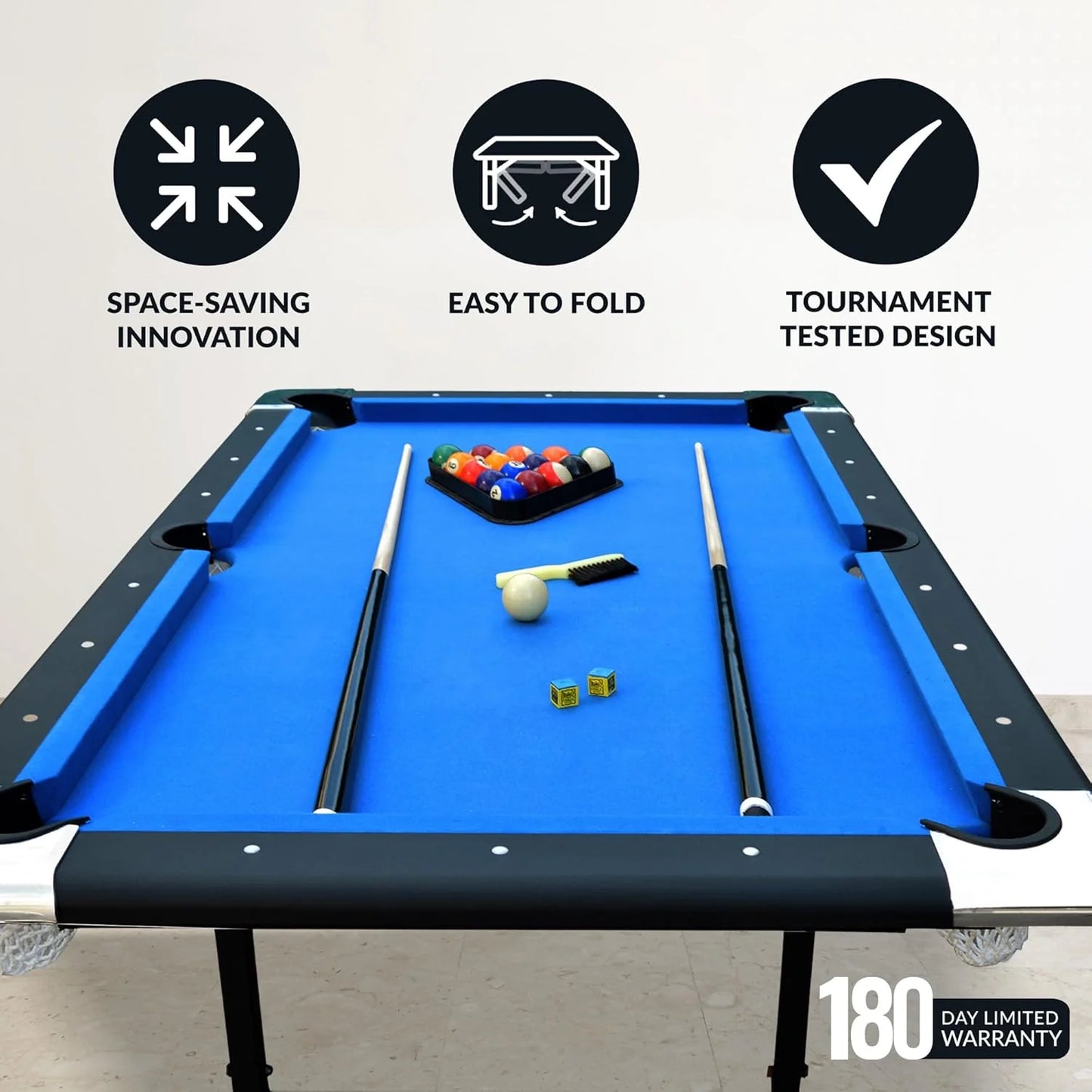 6 Ft Portable Pool Table, Adults Folding Billiards Tables for Game Room with Easy Foldable Storage, Includes Full Set of Billiard Balls, Cues, Chalk & Brush