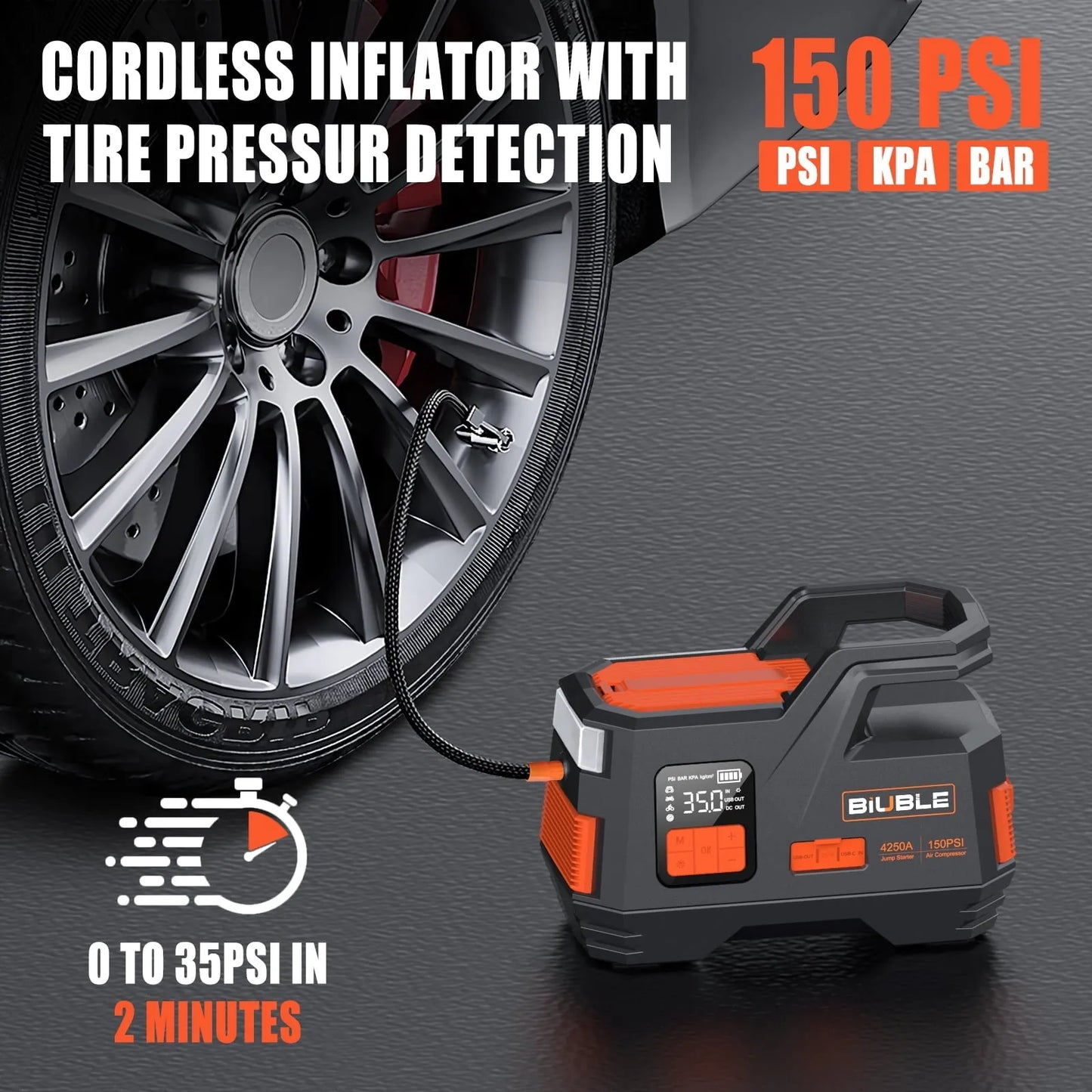 Car Jump Starter with Air Compressor, 4500A Peak 26800mAh 12V Auto with 150PSI Tire Inflator（up to All Gas or 10.0L Diesel Engine）