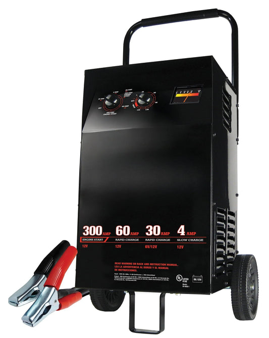 Electric Wheeled Battery Charger and Engine Starter, 2-in-1, manual timer control, 300 crank amps, 6 volts, 12 volts, for car, SUV, truck and Marine batteries
