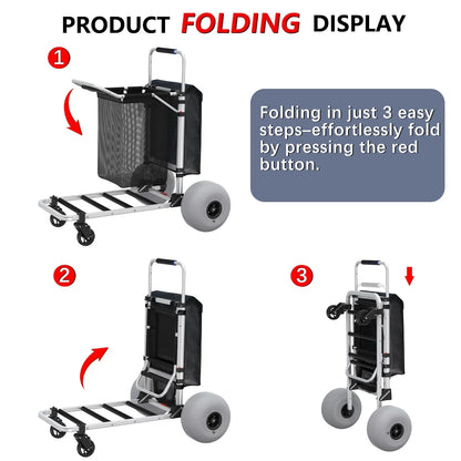 Foldable Beach Cart with Adjustable Handle and 12" Balloon Wheels, Heavy Duty Aluminum 220LBS Capacity