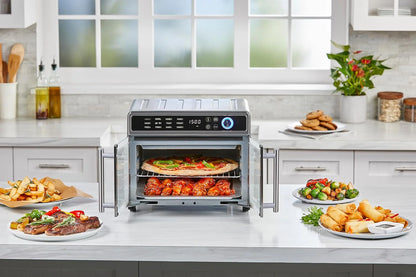 Air Fryer Toaster Oven Combo, 12 in 1 Countertop Convection Oven Cooks Food Fast, Fits a Whole Pizza or 6 Toast Slices, French Doors with Stainless Steel Finish.