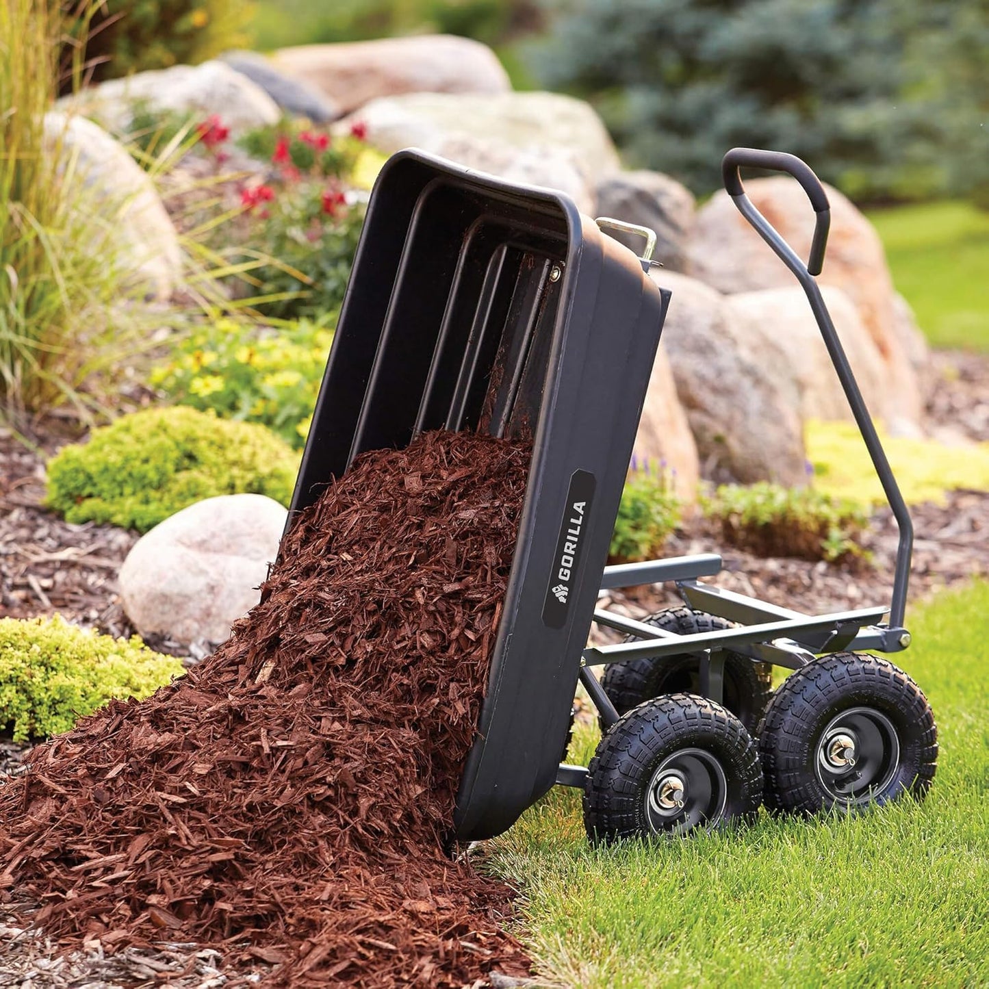 Heavy Duty Poly Utility Dump Wagon Garden Cart w/Pneumatic Tires, 6 Cu Ft - 1200 lb Capacity Outdoor Wheelbarrow for Yard, Landscaping & Gardening, Lawn Tractor or ATV Towable-Gorilla Carts