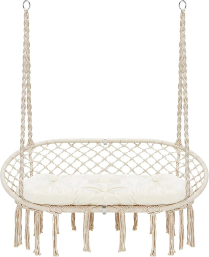 Hammock Chair Macrame Hanging Swing with Cushion,Hanging Cotton Ropes, Metal Frame, 450 lbs Capacity Indoor Outdoor, Patio, Balcony, Living,Deck, Yard, Garden(Double Swing) Beige