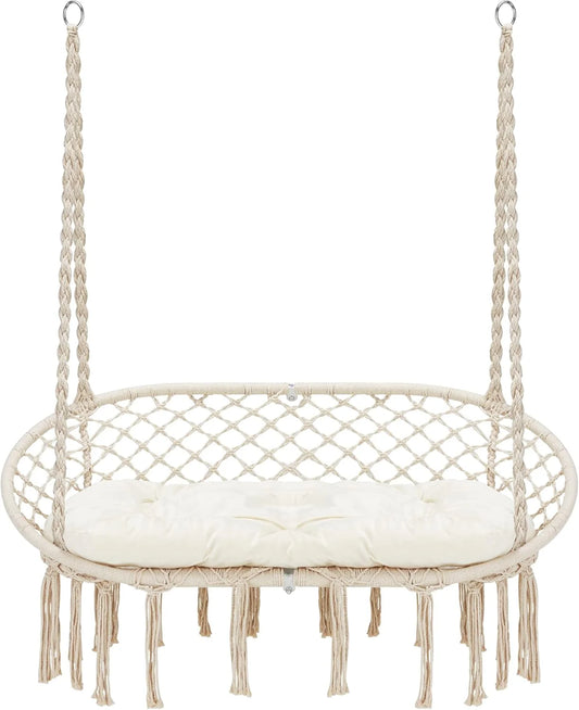 Hammock Chair Macrame Hanging Swing with Cushion,Hanging Cotton Ropes, Metal Frame, 450 lbs Capacity Indoor Outdoor, Patio, Balcony, Living,Deck, Yard, Garden(Double Swing) Beige