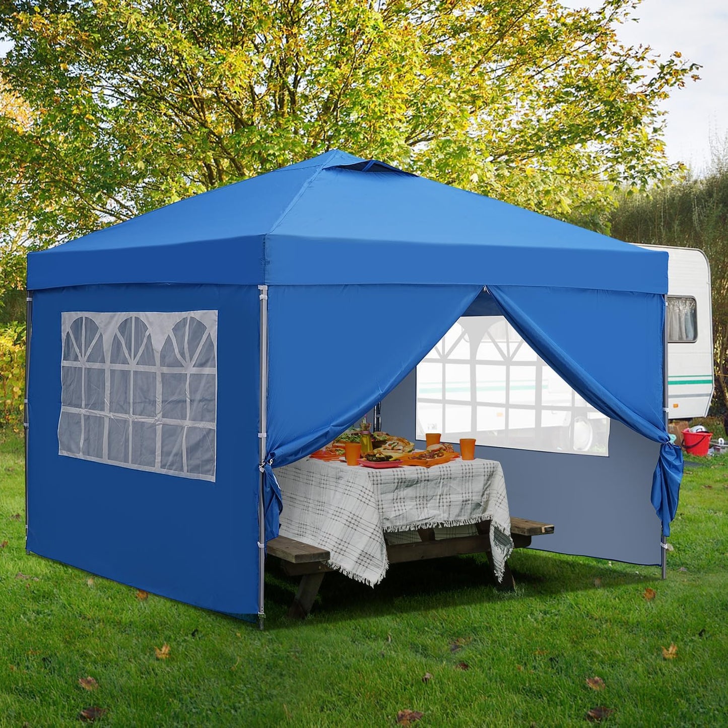 10x10 Pop Up Canopy Tent, Outdoor Canopy Tent, Patio Tent,Commercial Instant Gazebos,4 Sidewalls, Portable Shelter Canopies, with 4 sandbags, Blue.