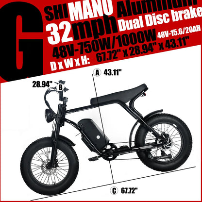 Electric Mountain Bike for Adults | 20 x 4.0 Fat Tires, 1000W Motor, 48V 20Ah Removable Battery, Max Speed 45MPH, Shi Mano 7-Speed for Off-Road Adventures