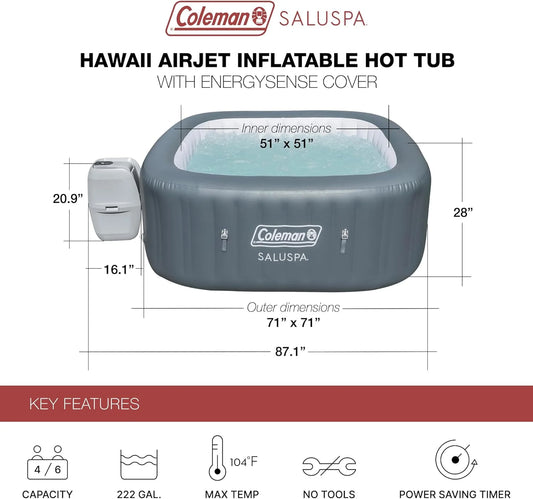 4 to 6 Person Inflatable Hot Tub Square Portable Outdoor Spa with 114 Soothing AirJets and Insulated Cover.