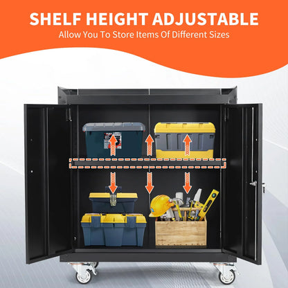 Garage Storage Cabinet with Wheels, 2 Door Tool Cabinet with Adjustable Shelves, Metal Lockable Tool Cabinet, Rolling Tool Chest for Home, 34 H x 30.3 L x 18 W, Assembly Required