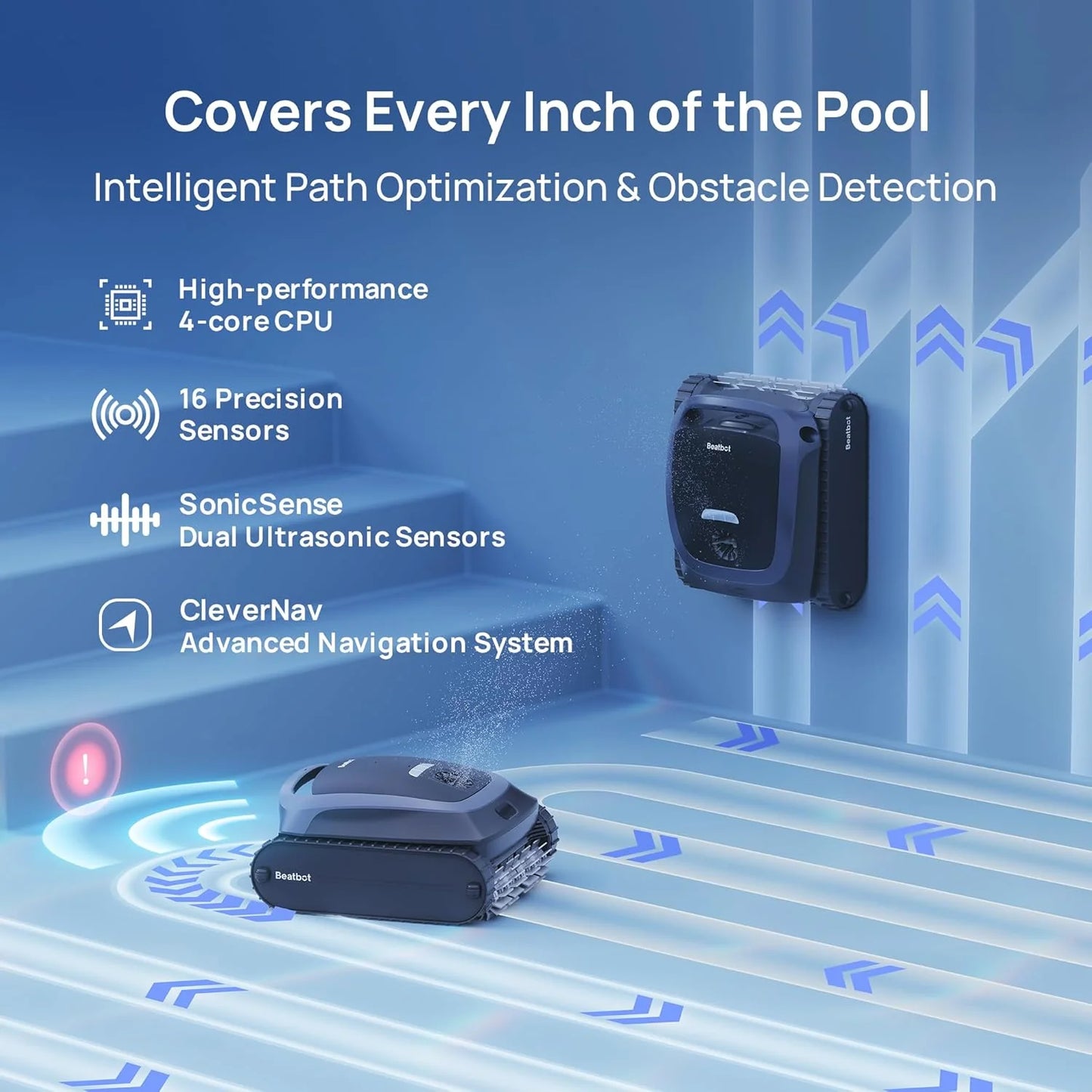Cordless Robotic Pool Vacuum Cleaner, Smart Surface Parking, Double-Pass Waterline Scrubbing, Cleans Floor, Walls, and Waterline, Above & In-Ground Pools up to 3,230 sq.ft - Blue