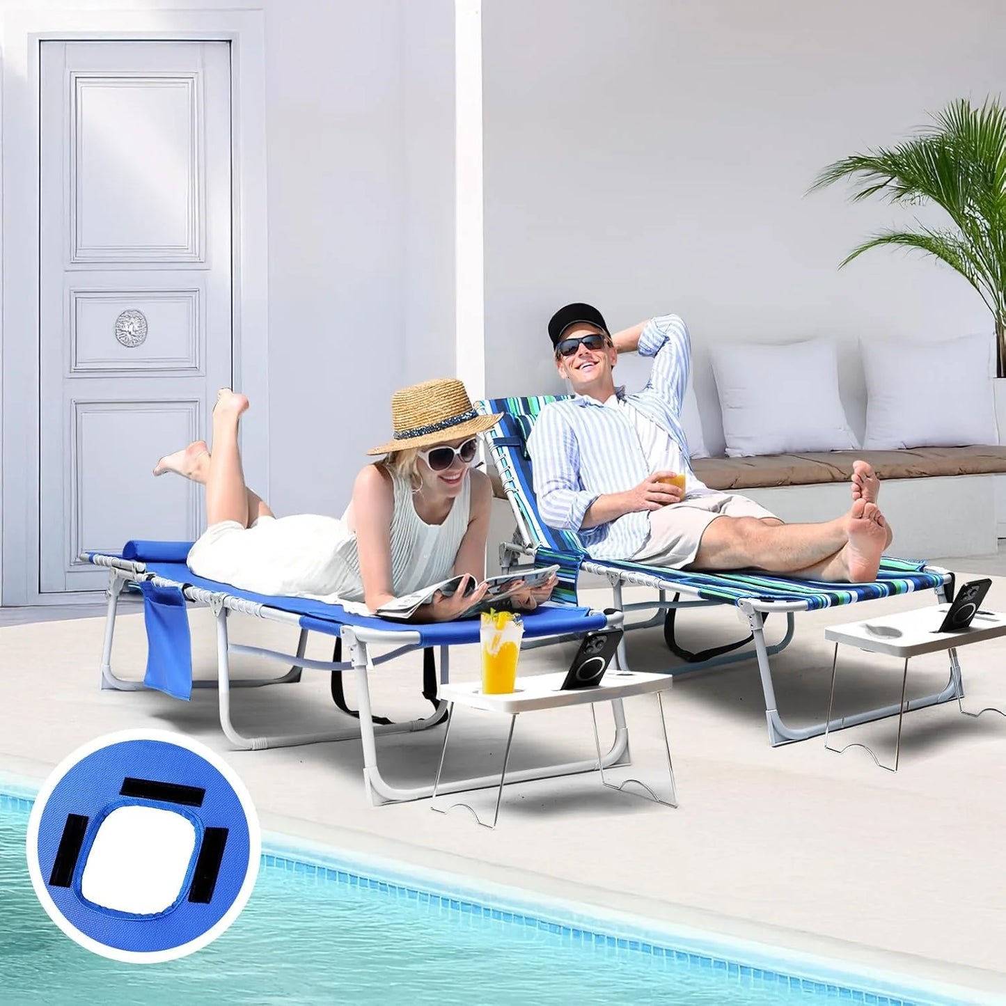 3-in-1 Outdoor Sun Tanning Lounge Chair with Face Hole – 5-Position Recliner, Folding Side Table & Removable Pillow, 330lbs Capacity, Blue