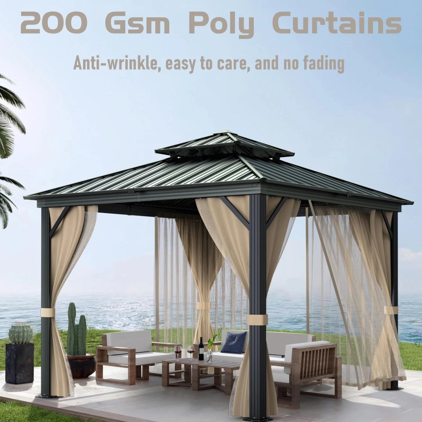10’x10′ Hardtop Gazebo with double metal roof, aluminum frame, net, and curtain. All-weather, ideal for patio, deck, garden, backyard. Khaki.