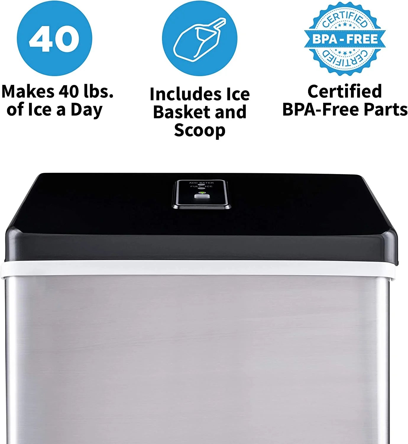 Clear Ice Cube Maker Machine 40 lbs. of Ice in 24 Hours, Portable Design in Stainless Steel