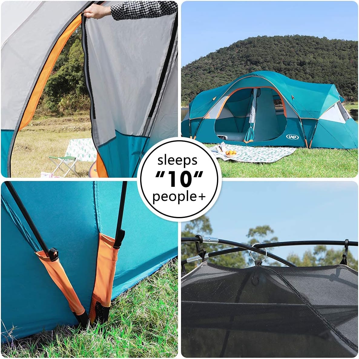 Camping Tent 10-Person-Family Tents, Parties, Music Festival Tent, Big, Easy Up, 5 Large Mesh Windows, Double Layer, 2 Room, Waterproof, Weather Resistant, 18ft x 9ft x78in
