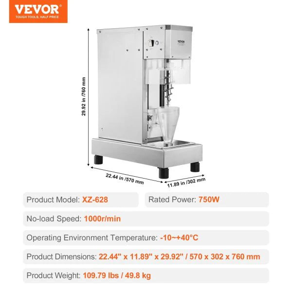 Ice Cream Blender 750W High Speed Mixer 1740 RPM 304 Stainless Steel New